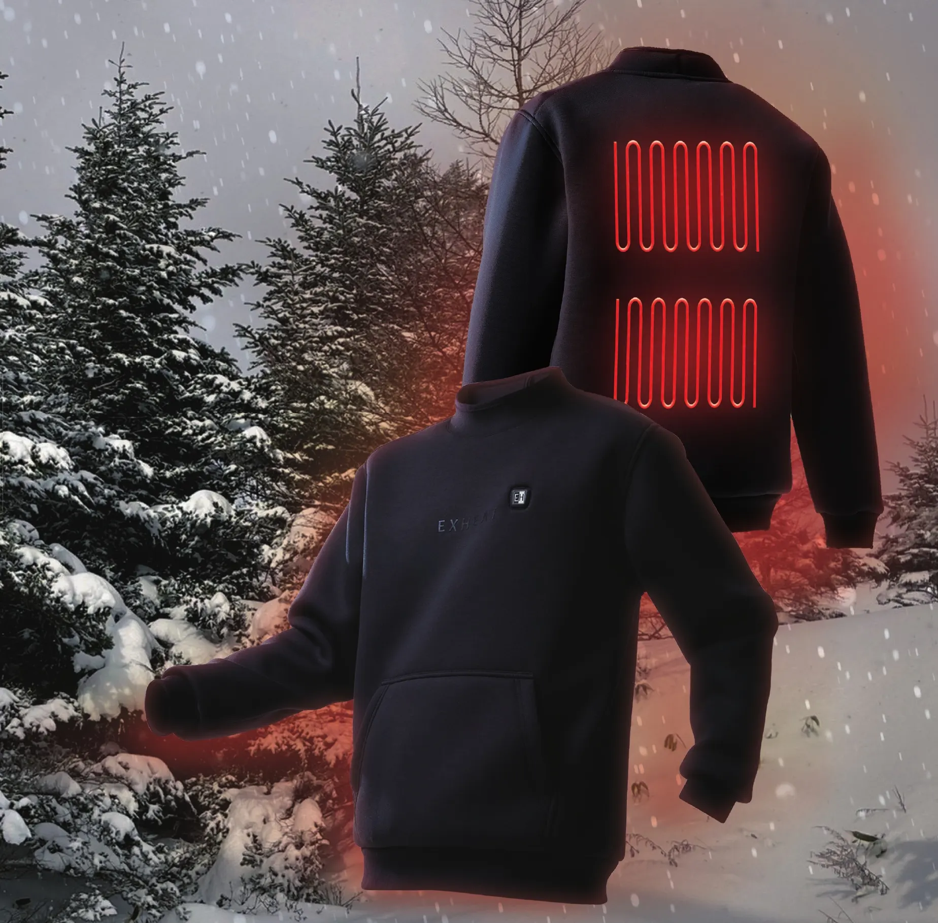 EXHEAT jackets in snowy scene